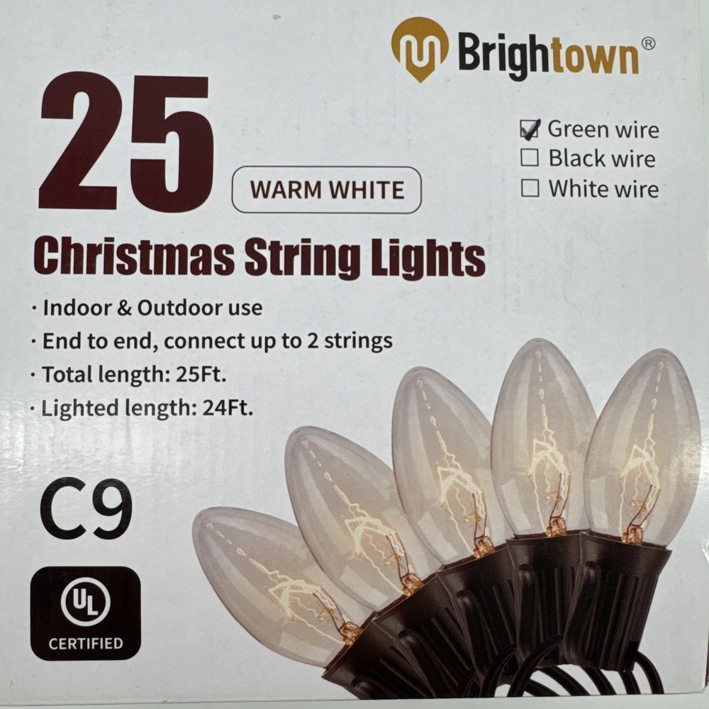 Christmas Lights 25ct C9 Indoor/Outdoor String Light Warm White Glass‎ Bulbs
